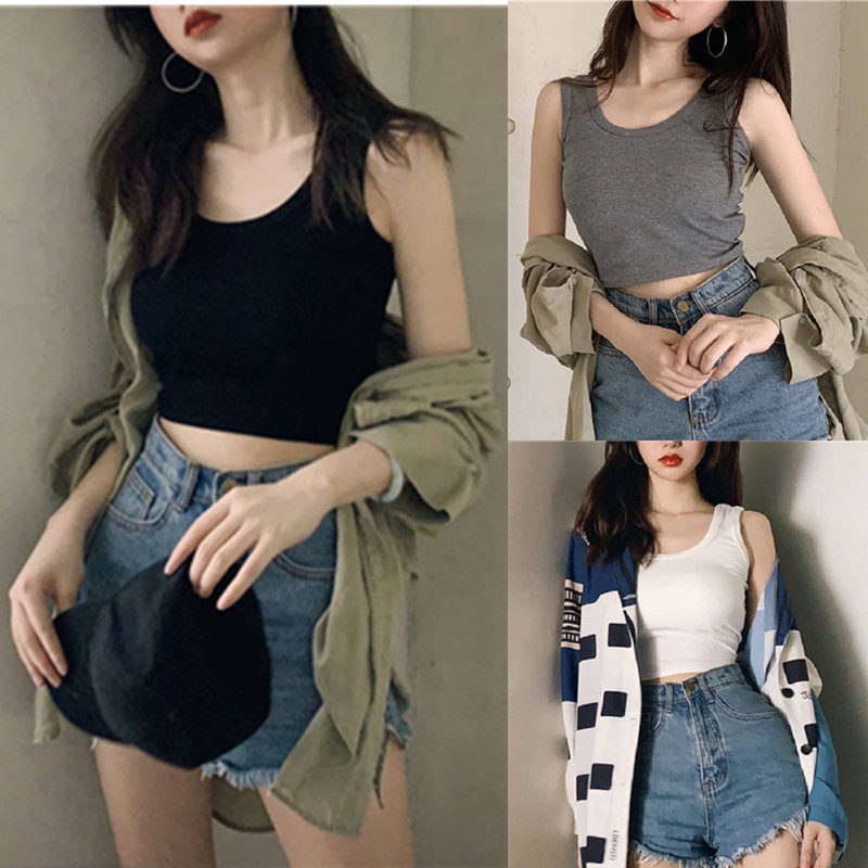 【WJZ】แฟชั่นผู้หญิงสีทึบเสื้อกล้ามแขนสั้นรัดรูปแขนกุดครอบตัดด้านบน【1120】
