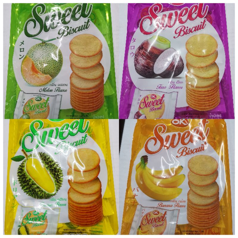 OK Sweet Biscuit บิสกิตผลไม้ ขนมปังกรอบรสผลไม้ สวีท บิสกิต รสกล้วย ทุเรียน เผือก เมล่อน ตราโอเค ใหญ่