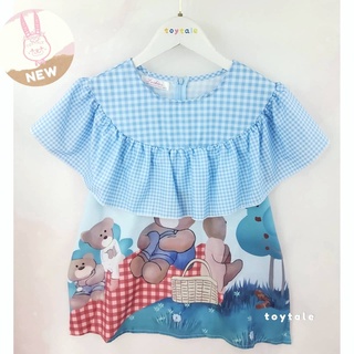 💟มือ1 เสื้อคอกลม อกระบาย ลายหมี ฟ้า💟#tbox0554555
