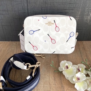 🎀 (สด-ผ่อน) กระเป๋า 7 นิ้ว สีขาวลายไม้เทนนิส COACH C8374 MINI CAMERA BAG IN SIGNATURE CANVAS WITH RACQUET PRINT