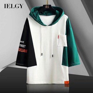 IELGY เสื้อฮู้ดดี้ แขนสั้น เย็บปะติดปะต่อกัน ทรงหลวม สไตล์ฮิปฮอป สําหรับผู้ชาย