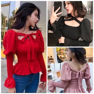 เสื้อสม็อคแขนพองทรงเจ้าหญิง สายจะผูกแบบไขว้หน้าหรือหลังก็น่ารักทั้ง2แบบค่ะ  มี8สี  อก32-34"
