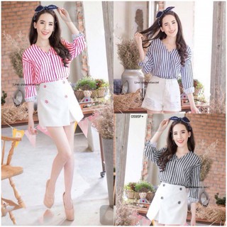 J0595 Set 2 ชิ้น เสื้อลายทาง + กางเกงกระโปรง Set 2 pieces. Striped shirt + skirt pants.