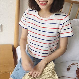 เสื้อยืดแฟชั่น สีขาวลายขวาง