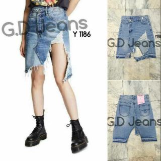 G.D.Jeans  1186#กระโปรงยีนส์ผ้าด้านสีฟอกซิดแต่งขาดเซอร์ๆเก๋ๆ 💦💦