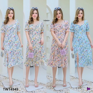 MF14949  Dress #สาวอวบ เดรสสั้น กระดุมคอหลังปดได้ มีซิบหลัง ชายผ่าข้าง เนื้อผ้าชีฟองพิมพ์ลายดอก มีซับในทั้งชุด ทรงเจ้าหญ