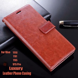 Vivo V15 Pro Y91i Y91 Y95 Magnetic Flip Leather Card Holder Stand Phone Casing กรณี