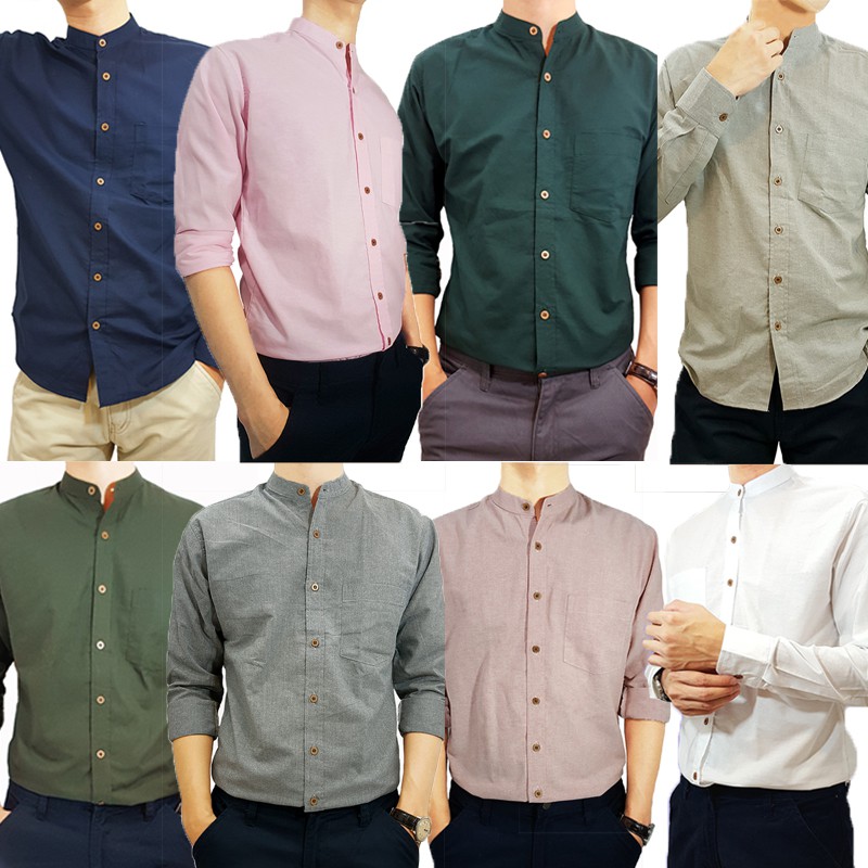 เสื้อเชิ้ตชายคอจีน แขนยาว ผ้า oxford มีกระเป๋า