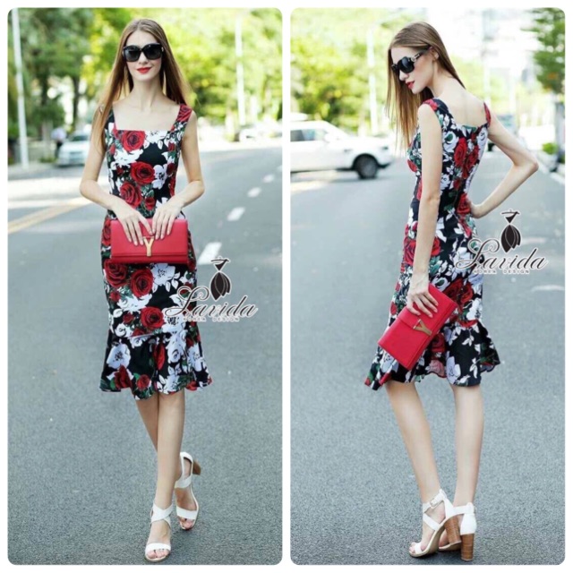 🍭 Korea Design By Lavida red rose printing sleeveless wonderful dress
