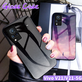 เคสโทรศัพท์กระจกเทมเปอร์สตาร์รี่สกายสำหรับ VIVO V21 V21E VIVOV V 21 E V2061 V2050 V 2050 2061 VIVOV21E VIVOV21 5G V215G VIVOV215G ฝาหลังแบบแข็งกันกระแทก, ปลอกสีสันสดใสป้องกันรอยขีดข่วน, เคสมือถือลายพระจันทร์และดาวสวยๆ