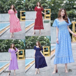 N3445Maxi Dress เดรสคอเหลี่ยม เนื้อผ้าไหมญี่ปุ่น