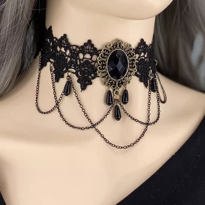 พร้อมส่งจากไทย (L13) สร้อยคอ โช้กเกอร์ choker ลูกไม้โกธิคโลลิต้า สีดำแต่งโซ่