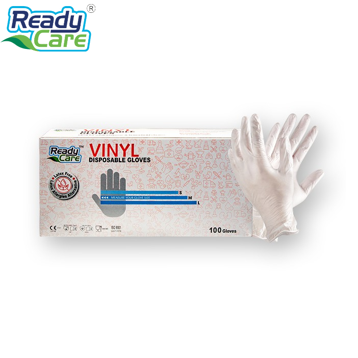 ถุงมือไวนิล แบบใช้แล้วทิ้งไม่มีแป้ง (Vinil Disposable Gloves) จำนวน 100 ชิ้น/กล่อง ไซต์ M,L แบรนด์ Readycare