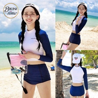 🏖BikiniTime (S-XL) บิกินี ชุดว่ายน้ำทูพีซ แนวสปอร์ต แขนยาว กันแดด กันยูวี สีขาว-กรมท่า (SB58)