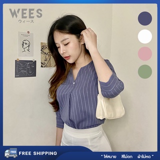 WEES x WHPH เสื้อเชิ้ตผู้หญิง ใส่ทำงาน-เที่ยว แฟชั่น แขนสามส่วน สีพาสเทล Cotton Rayon Blend