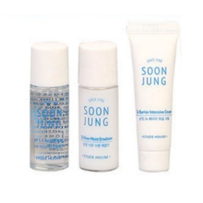 Etude House Soonjung Soon Jung Skin Care pH5.5 Relief Toner 25ml, 10-Free Moist Emulsion 25ml, 5.5 Cleansing Water 25ml