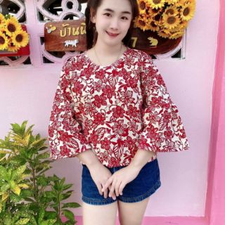 เสื้อแขนระบาย ผ้าฝ้ายพิมพ์ลาย แต่งน่ารัก