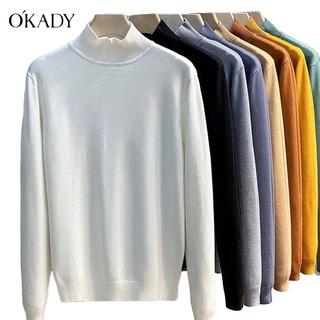 OKADY สเวตเตอร์ผู้ชาย ผู้ชายแฟชั่นเสื้อคอกลมอบอุ่นคอสูงเวอร์ชั่นเกาหลีกีฬาลำลองแขนยาวถักเสื้อกัน หนาวฤดูใบไม้ร่วงและฤดูหนาวใหม่สีทึบเสื้อสเวตเตอร์