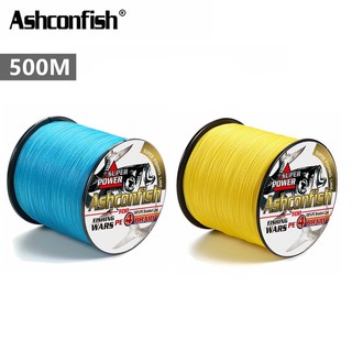 Ashconfish สาย PE ถัก4 เส้น ยาว 500เมตร Dyneema สาย PE X4 สายเบ็ดตกปลา สีเหลือง สีน้ำเงิน