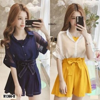 Set 3 ชิ้น เสื้อเชิ้ตคลุมผ้าชีฟอง +เสื้อสายเดี่ยว สีพื้นผ้าซาร่า + กางเกงขาสั้น ผ