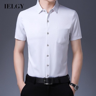 Ielgy เสื้อเชิ้ต คอปก แขนสั้น ลําลอง สีพื้น สําหรับผู้ชาย