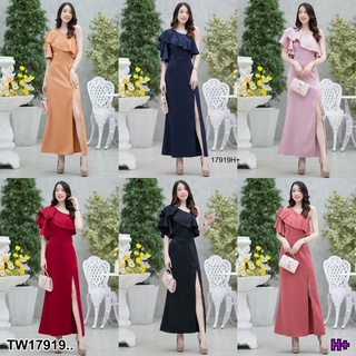 TT17919 เดรสยาวแต่งบายเฉียงไหล่ ผ่าแหวกหน้า Long dress decorated oblique shoulders, slit in front..