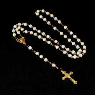 CS1987 (สินค้าพร้อมส่ง) สายประคำ สีมุกขาว กางเขนทอง Catholic Rosary