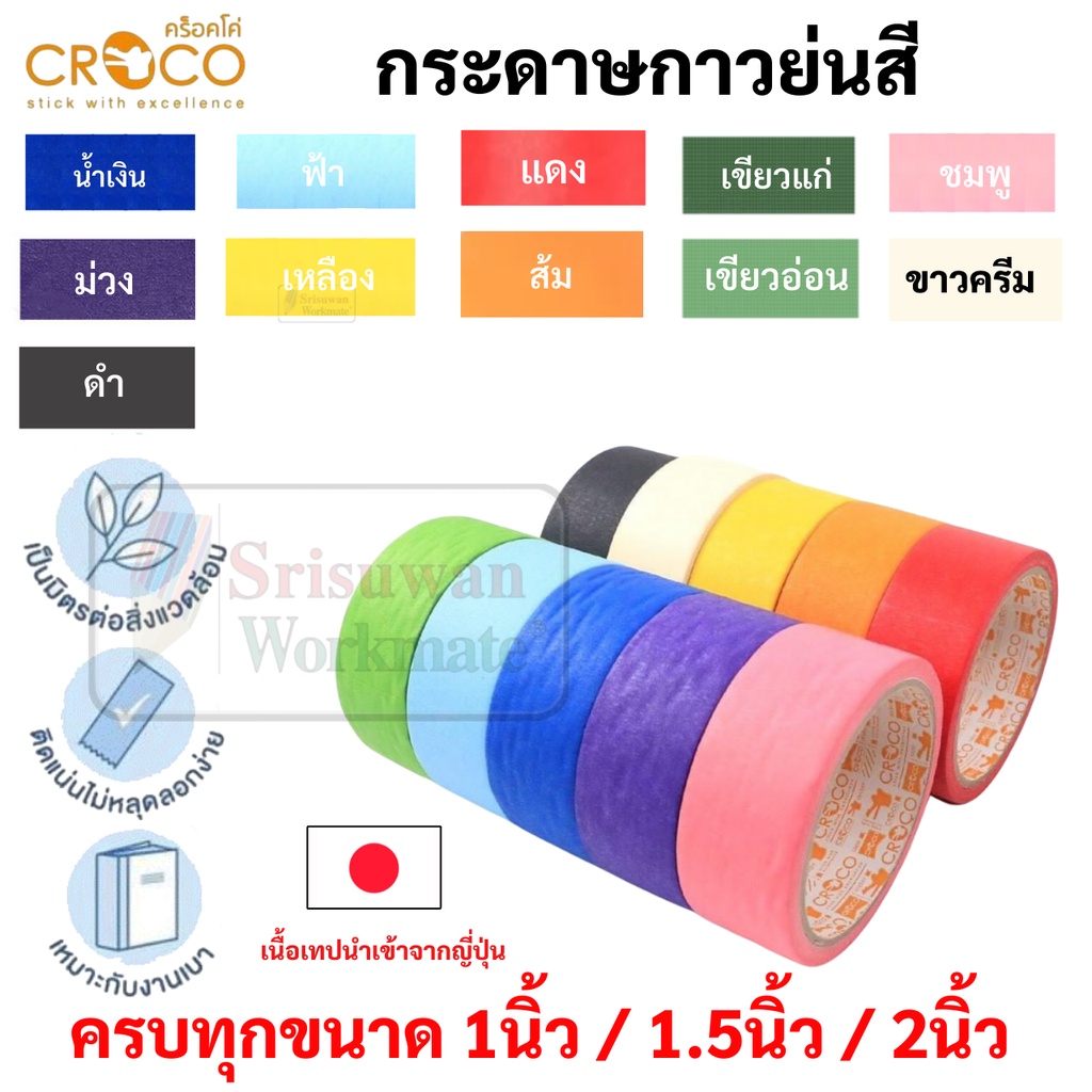 กระดาษกาวย่นสี เนื้อเทปญี่ปุ่น Croco 1/1.5 /2 นิ้ว ยาว 10 หลา เทปกาวย่นสี หนังไก่