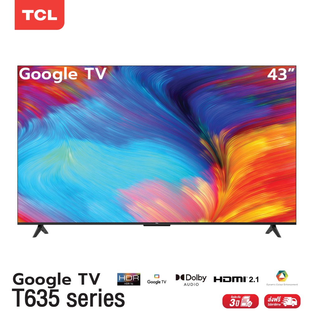TCL ทีวี 43 นิ้ว LED 4K UHD Google TV รองรับ WiFi รุ่น 43T635 ระบบปฏิบัติการ Google&amp; Youtube, Voice search