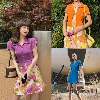 Bigmall- เสื้อครอปแขนสั้นสีพื้นสไตล์วินเทจสําหรับผู้หญิง