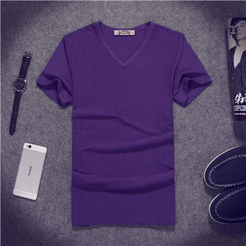 T-SHIRT เสื้อยืดคอวี แขนสั้น สีพื้น ผ้า Cotton100% (สีม่วงเข้ม) September27_th