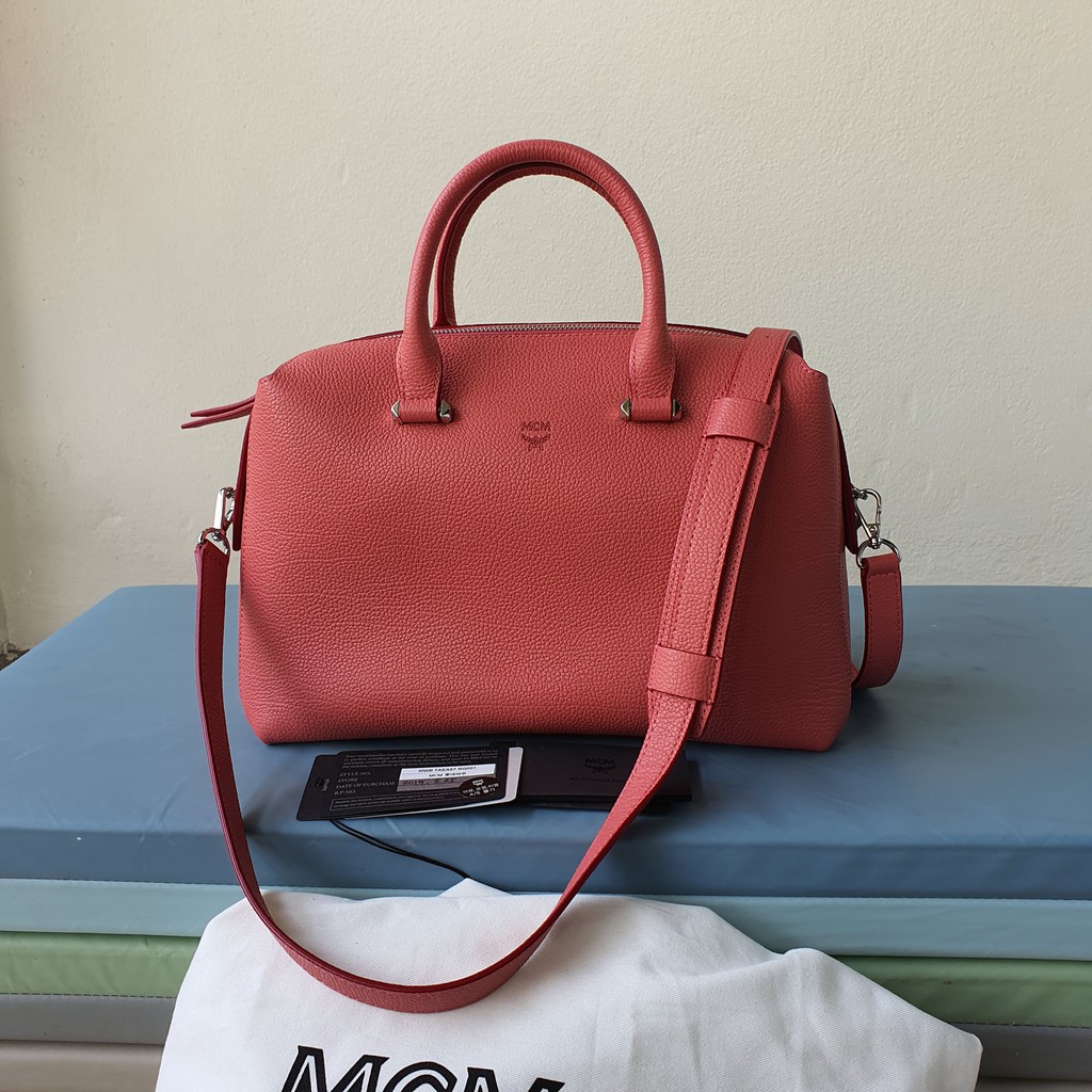 กระเป๋า MCM Ella Medium Boston Bag Pink Leather Satchel ของแท้ เหมือนใหม่
