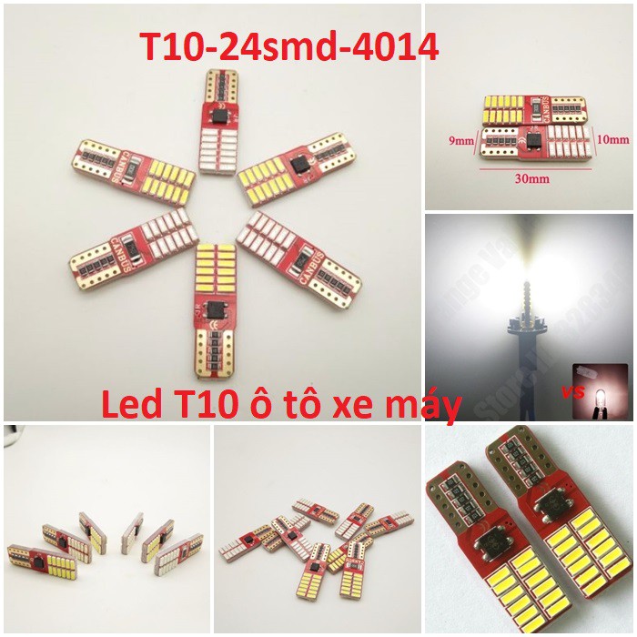 (T10-24smd-4014-หลักสีแดง)Combo T10 canbus หลอดไฟ Led 24 smd 4014