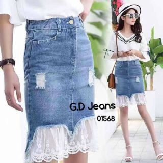 G.D.Jeans รุ่น 01568 #กระโปรงยีนส์ผ้าด้านฟอกสีทรงเอติดลูกไม้หน้าหลัง 💦💦