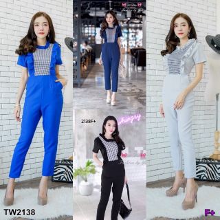 &lt;TW2138&gt;Jumpsuit จั้มสูทขายาวงานผ้าโฟเวย์เก็บทรงสวย ใส่แล้วผอมเพรียว เพิ่มดีเทล แต่งลายสก็อตที่อกเก๋ๆ