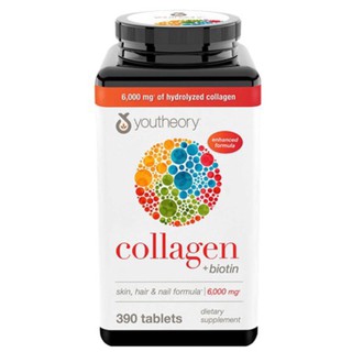 Youtheory Collagen skin hair &amp; nail formula 6000mg 390 Tablets +Biotin