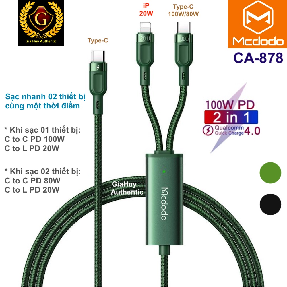 MCDODO CA-878 USB-C to C+L 100W PD/PPS/ QC 4.0 2in1 สายชาร์จ ยาว 1.2 ม. ชาร์จเร็ว 2 เครื่องพร้อมกัน