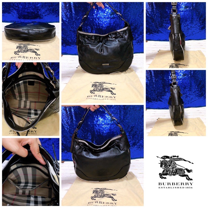 👝:  BURBERRY Black Leather Hobo Bag แท้💯%