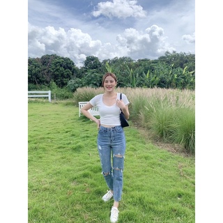 กางเกงยีนส์บอยเอวสูง ผ้าไม่ยืด
