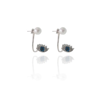 SWAN - Eye Earring ต่างหูเงินแท้ ฝังเพชรคิวบิคเซอร์โคเนีย cubic zirconia ประดับมุกแท้ มุกน้ำจืด ดีไซน์รูปตา