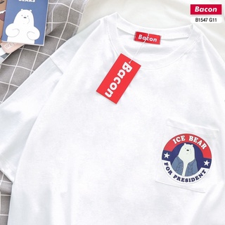 B1547G11 เสื้อยืด ลาย ICE BEAR ไอซ์แบร์ ติดกระเป๋า คอตตอน โอเวอร์ไซส์ oversize