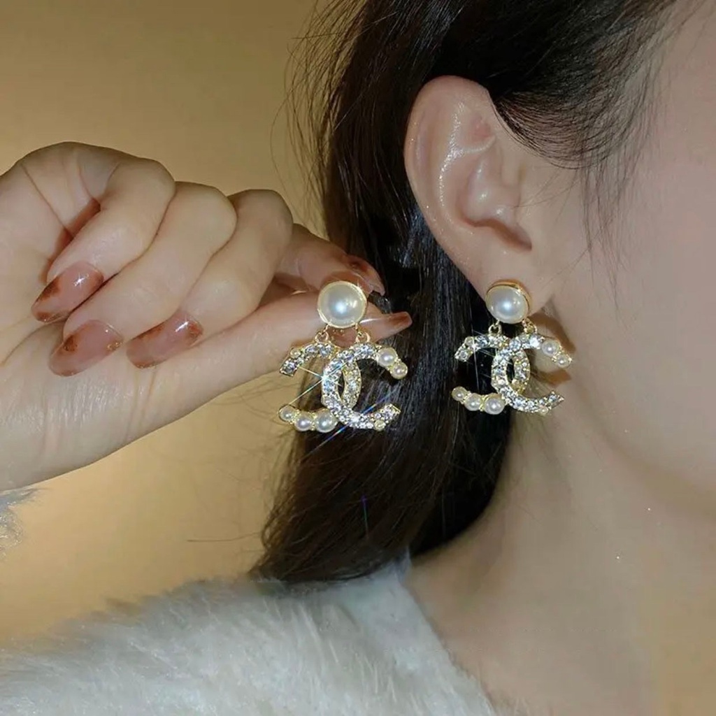ต่างหูจี้ย้อนยุคฝรั่งเศสหญิงหรูหรา Niche Double C Letter Drop ต่างหูอุปกรณ์เสริม