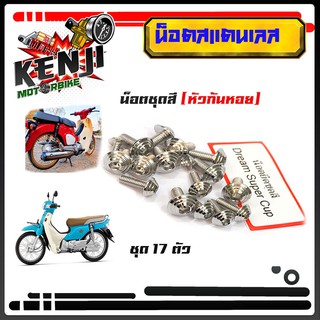 น็อตชุดสี Dream super cup (ดรีม) - น็อตเลส หัวก้นหอย (1ชุดมี 17ตัว) อะไหล่แต่งมอไซด์  อุปกรณ์แต่งมอไซด์ น็อตชุดสีดรีม/น็