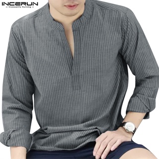 Incerun เสื้อเชิ้ตแขนยาว คอวี ผ้าฝ้าย ลายทาง สําหรับผู้ชาย