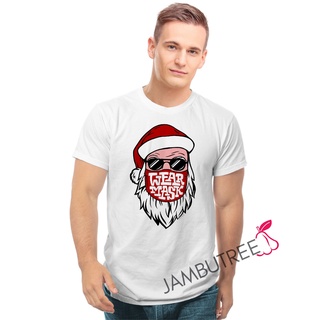 เสื้อยืดผ้าฝ้าย เสื้อยืดคริสต์มาสJambutree Funny Merry Christmas Party Celebration Santa Claus Wear Mask Stay Safe Unise