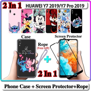 2 IN 1 เคส HUAWEI Y7 2019 Y7 Pro 2019 เคส พร้อมกระจกนิรภัย โค้ง เซรามิก ป้องกันหน้าจอ สติทช์ และมินนี่