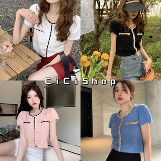 Cicishop(4912) เสื้อไหมพรมแขนสั้น คอกลมแต่งไหมพรมถักติดขอบแบเก๋ๆน่ารักเกินต้านน