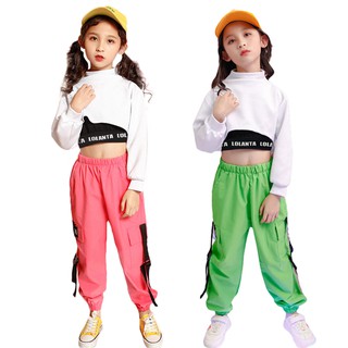 พร้อมส่ง ชุดเสื้อครอปแขนยาว และกางเกงขายาว สีดํา แฟชั่นฮิปฮอป สไตล์เกาหลี สําหรับเด็กผู้หญิง