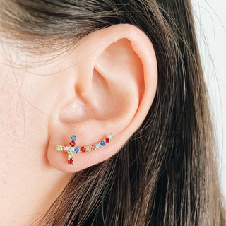 Gold And CZ Rainbow Cross Ear Crawlers, 18K Gold Plated Sterling Silver Earrings E0027 | เงินแท้ 925 ชุบทองเเท้ 18 กะรัต