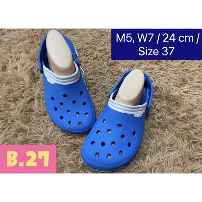 🥿  รองเท้า  Crocs  ( คร็อค ) ของแท้  💯% 👉  ( สีฟ้าพื้นขาว )  ทรงหัวโต, 👉 (  ไซส์ 37 )✌️  มือ 2, ของแท้ 💯%